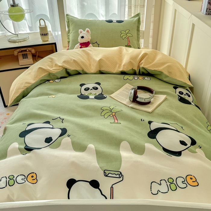 91家纺网 家纺一手货源 找家纺 鑫宇 2025新款磨毛130g加厚学生宿舍三件套床单床笠款学生上下铺六件套 活力熊猫