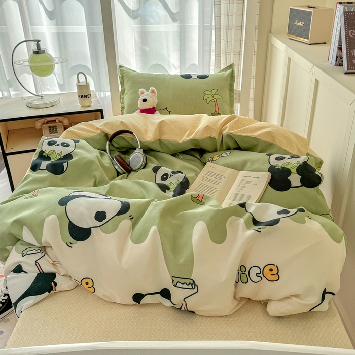 91家纺网 家纺一手货源 找家纺 鑫宇 2025新款磨毛130g加厚学生宿舍三件套床单床笠款学生上下铺六件套 活力熊猫