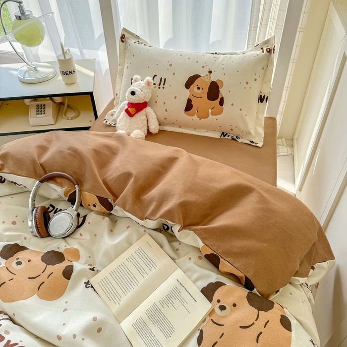 91家纺网 家纺一手货源 找家纺 鑫宇 2025新款磨毛130g加厚学生宿舍三件套床单床笠款学生上下铺六件套 家有萌宠