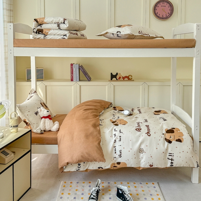 91家纺网 家纺一手货源 找家纺 鑫宇 2025新款磨毛130g加厚学生宿舍三件套床单床笠款学生上下铺六件套 家有萌宠