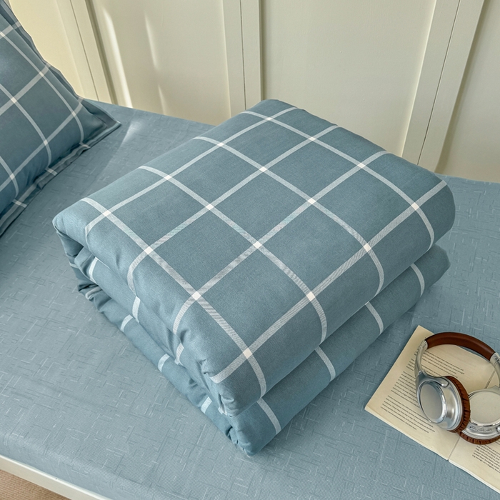 91家纺网 家纺一手货源 找家纺 鑫宇 2025新款磨毛130g加厚学生宿舍三件套床单床笠款学生上下铺六件套 时间格