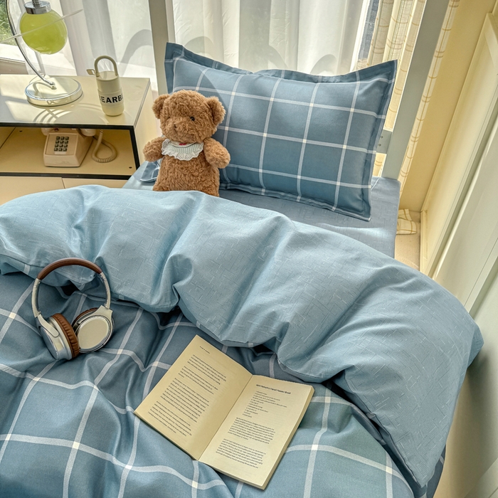 91家纺网 家纺一手货源 找家纺 鑫宇 2025新款磨毛130g加厚学生宿舍三件套床单床笠款学生上下铺六件套 时间格