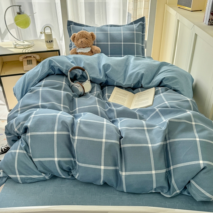 91家纺网 家纺一手货源 找家纺 鑫宇 2025新款磨毛130g加厚学生宿舍三件套床单床笠款学生上下铺六件套 时间格