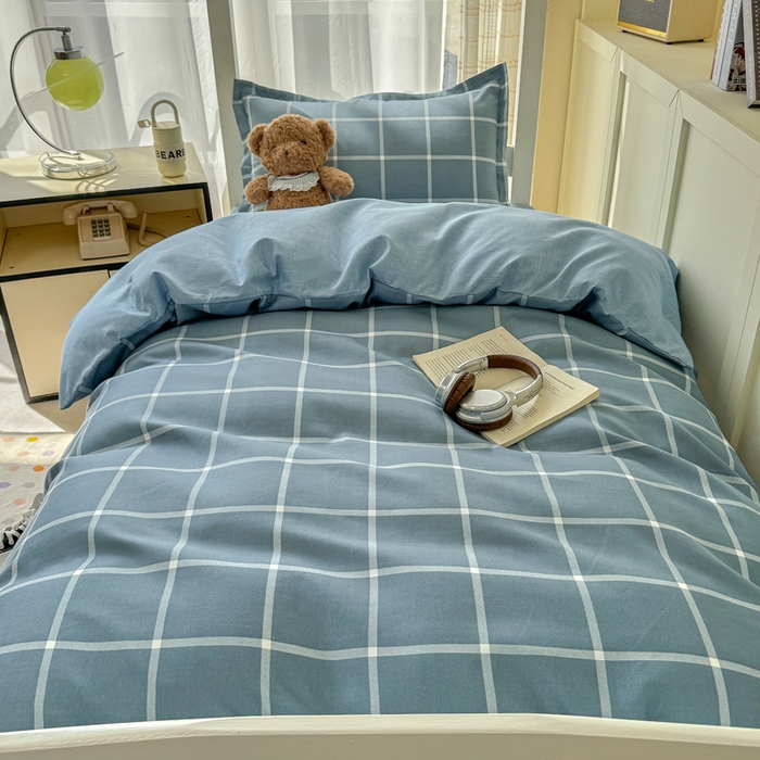 91家纺网 家纺一手货源 找家纺 鑫宇 2025新款磨毛130g加厚学生宿舍三件套床单床笠款学生上下铺六件套 时间格