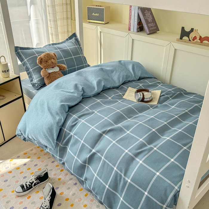 91家纺网 家纺一手货源 找家纺 鑫宇 2025新款磨毛130g加厚学生宿舍三件套床单床笠款学生上下铺六件套 时间格