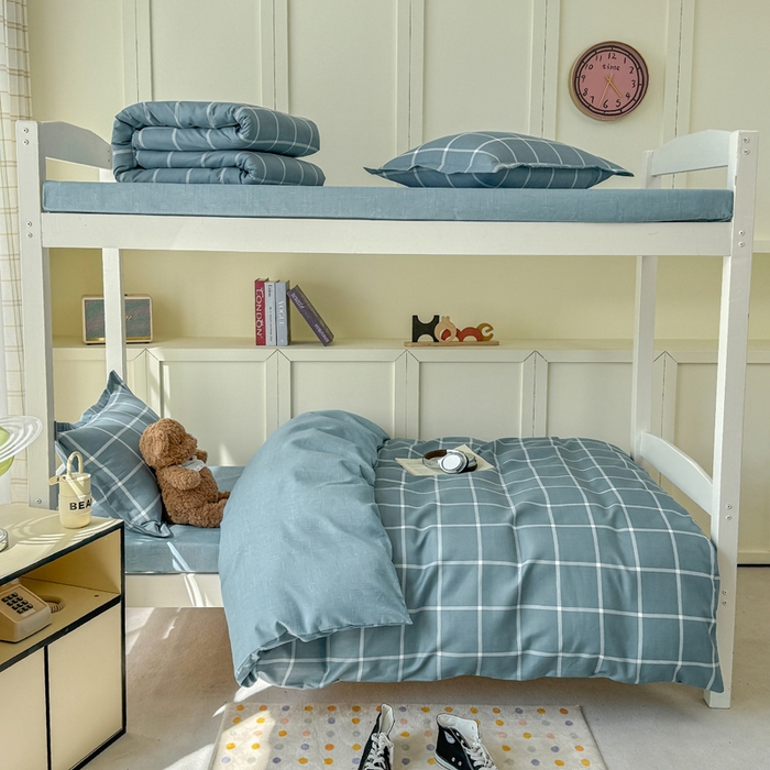 91家纺网 家纺一手货源 找家纺 鑫宇 2025新款磨毛130g加厚学生宿舍三件套床单床笠款学生上下铺六件套 时间格