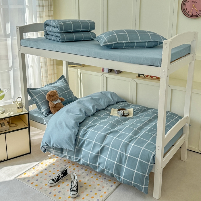 91家纺网 家纺一手货源 找家纺 鑫宇 2025新款磨毛130g加厚学生宿舍三件套床单床笠款学生上下铺六件套 时间格