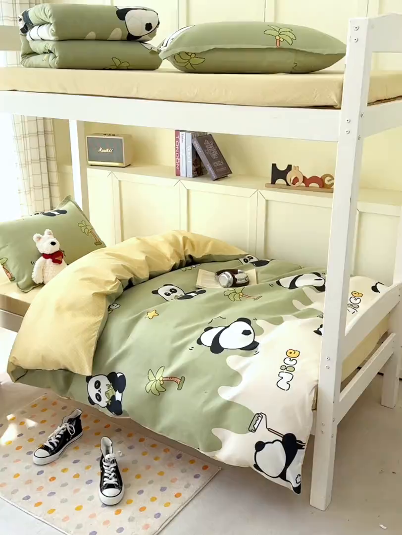 91家纺网 家纺一手货源 找家纺 鑫宇 2025新款磨毛130g加厚学生宿舍三件套床单床笠款学生上下铺六件套 活力熊猫