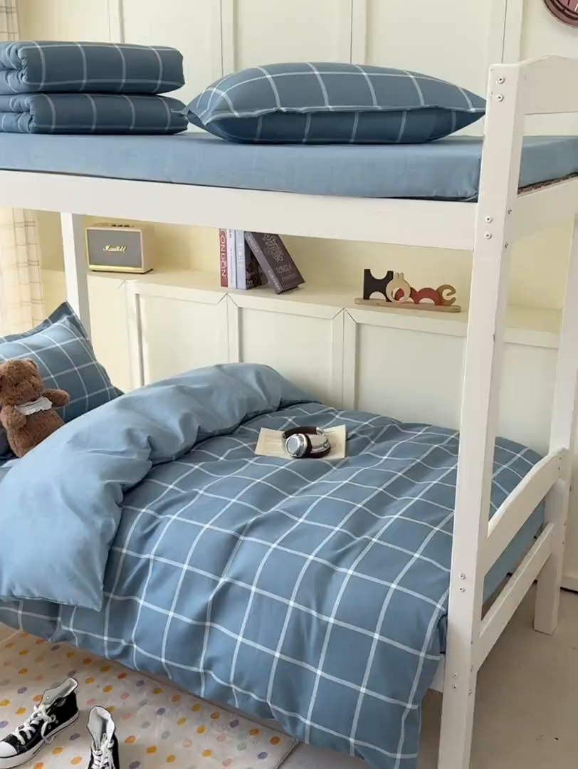 91家纺网 家纺一手货源 找家纺 鑫宇 2025新款磨毛130g加厚学生宿舍三件套床单床笠款学生上下铺六件套 时间格