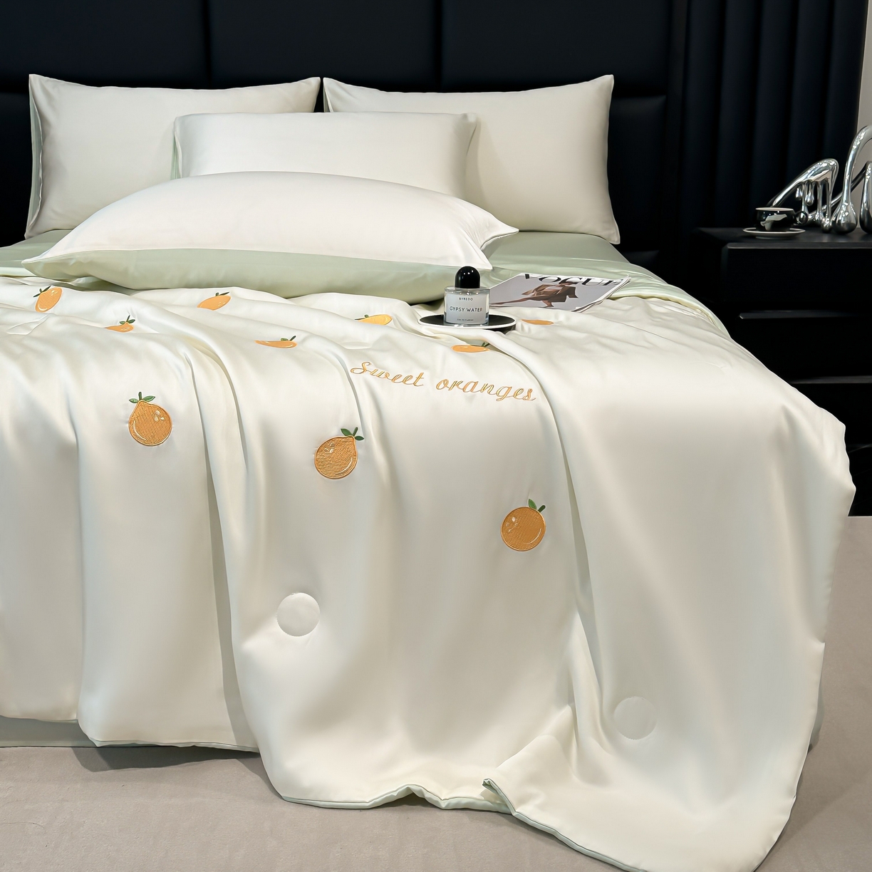 91家纺网 家纺一手货源 找家纺 利欧 2025新款水洗天丝满绣刺绣床单床笠款夏被四件套 砂糖橘-奶白绿