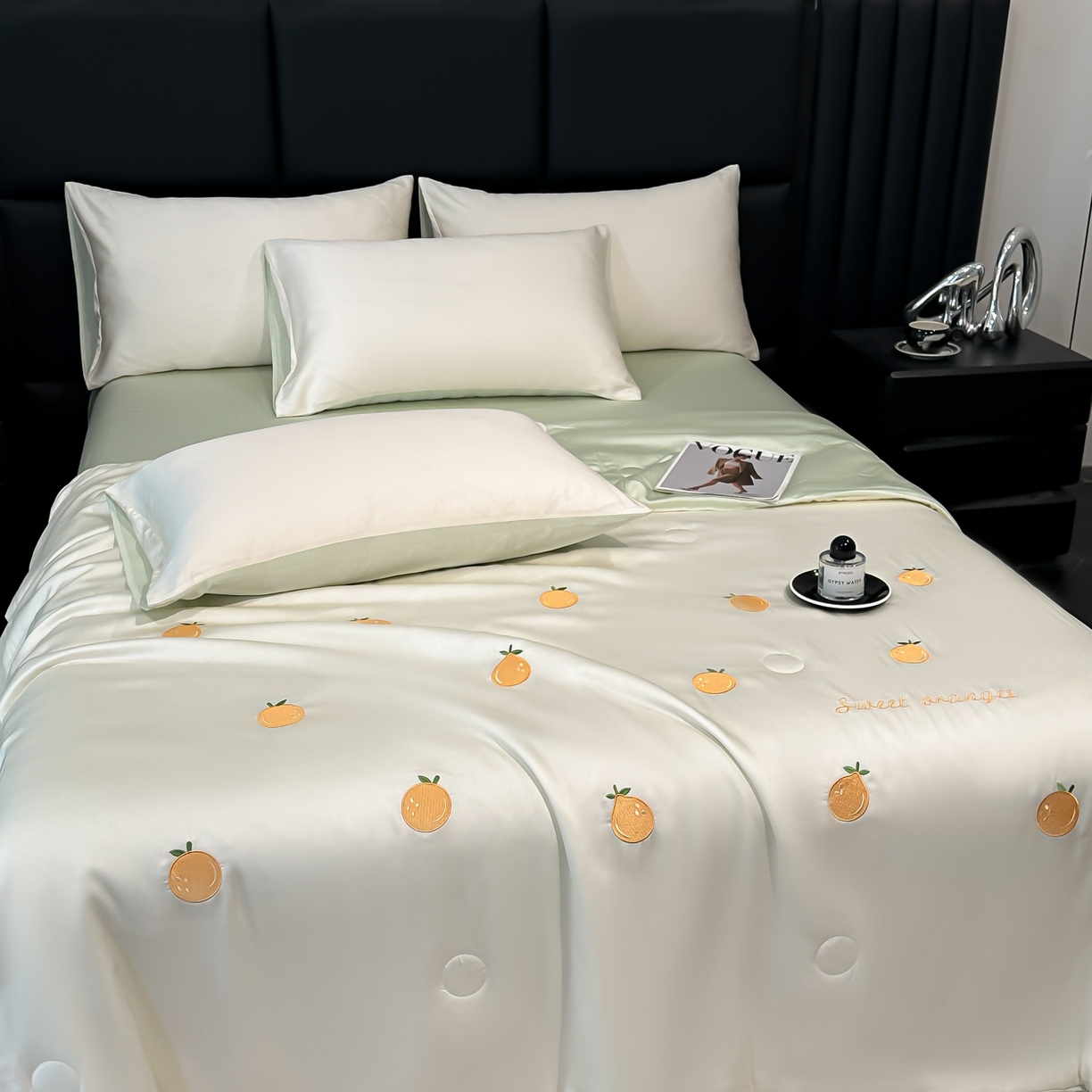 91家纺网 家纺一手货源 找家纺 利欧 2025新款水洗天丝满绣刺绣床单床笠款夏被四件套 砂糖橘-奶白绿