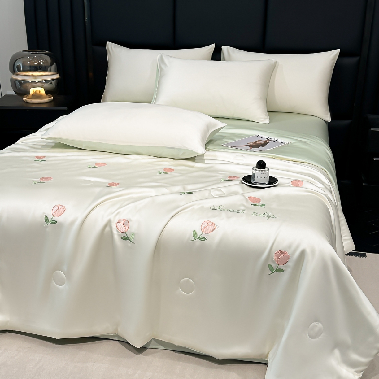 91家纺网 家纺一手货源 找家纺 利欧 2025新款水洗天丝满绣刺绣床单床笠款夏被四件套 郁金香-奶白绿