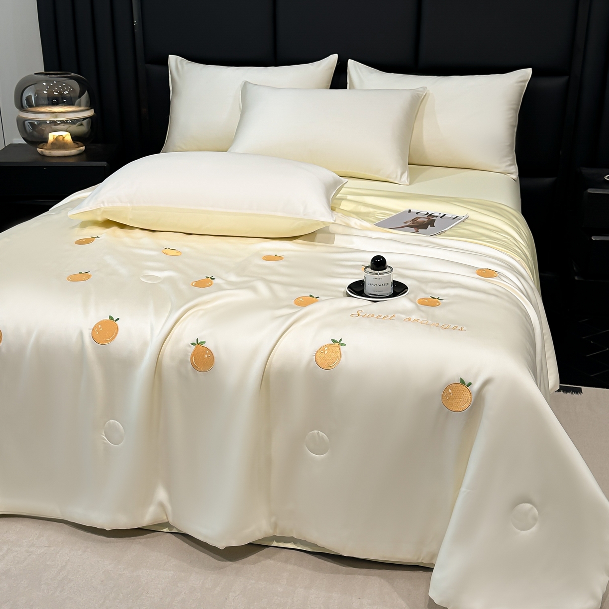 91家纺网 家纺一手货源 找家纺 利欧 2025新款水洗天丝满绣刺绣床单床笠款夏被四件套 砂糖橘-奶白黄