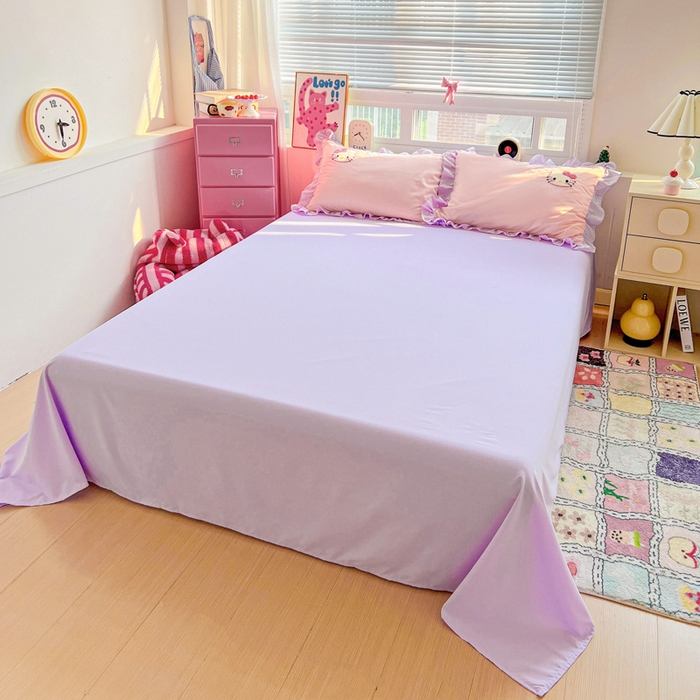 91家纺网 家纺一手货源 找家纺 雨菲家纺 2025新款水洗棉毛巾绣萌趣花边四件套--爱心猫蝴蝶结樱桃 爱心猫  粉紫