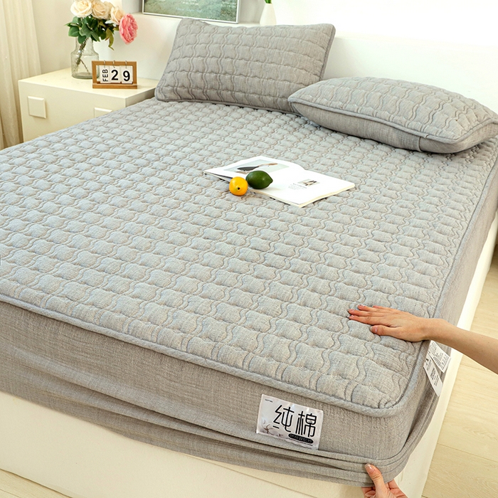 豪选家纺 2025新款A类抗菌高支高密纯棉色织正宗双层纱夹棉床笠 晨雾灰