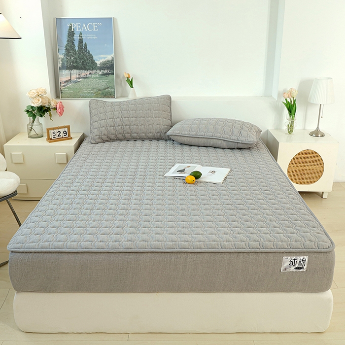 91家纺网 家纺一手货源 找家纺 豪选家纺 2025新款A类抗菌高支高密纯棉色织正宗双层纱夹棉床笠 晨雾灰