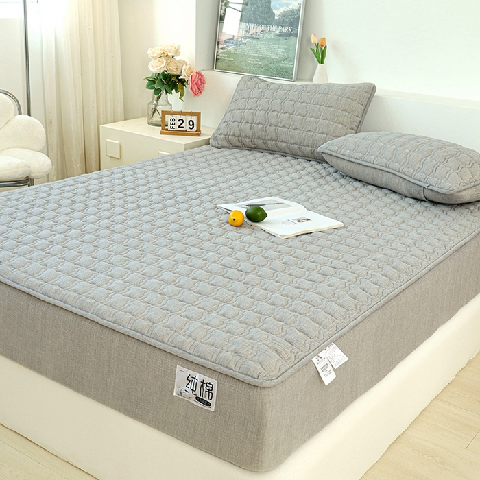 91家纺网 家纺一手货源 找家纺 豪选家纺 2025新款A类抗菌高支高密纯棉色织正宗双层纱夹棉床笠 晨雾灰