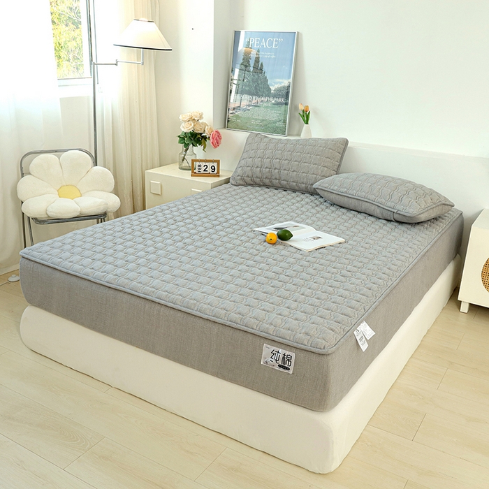 91家纺网 家纺一手货源 找家纺 豪选家纺 2025新款A类抗菌高支高密纯棉色织正宗双层纱夹棉床笠 晨雾灰