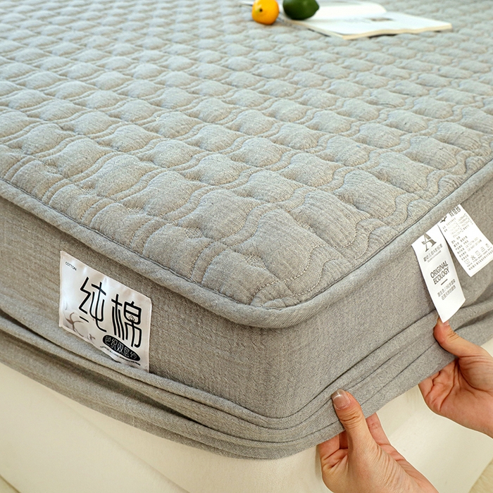 91家纺网 家纺一手货源 找家纺 豪选家纺 2025新款A类抗菌高支高密纯棉色织正宗双层纱夹棉床笠 晨雾灰