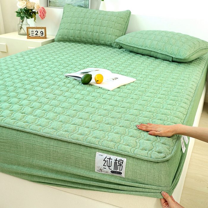 豪选家纺 2025新款A类抗菌高支高密纯棉色织正宗双层纱夹棉床笠 薄荷绿