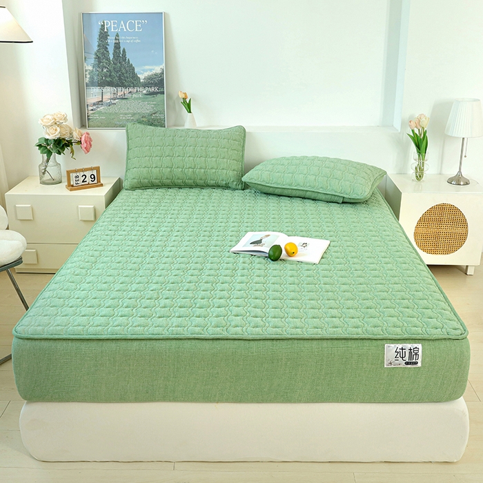 91家纺网 家纺一手货源 找家纺 豪选家纺 2025新款A类抗菌高支高密纯棉色织正宗双层纱夹棉床笠 薄荷绿