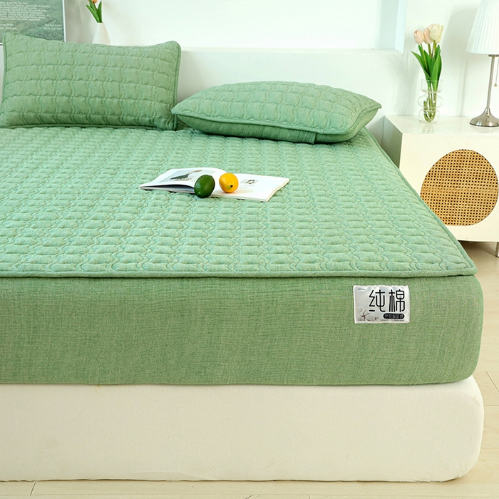 91家纺网 家纺一手货源 找家纺 豪选家纺 2025新款A类抗菌高支高密纯棉色织正宗双层纱夹棉床笠 薄荷绿