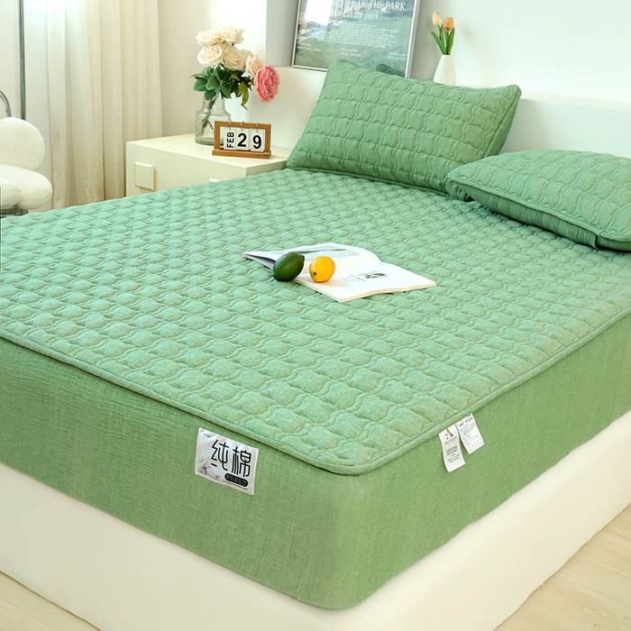 91家纺网 家纺一手货源 找家纺 豪选家纺 2025新款A类抗菌高支高密纯棉色织正宗双层纱夹棉床笠 薄荷绿