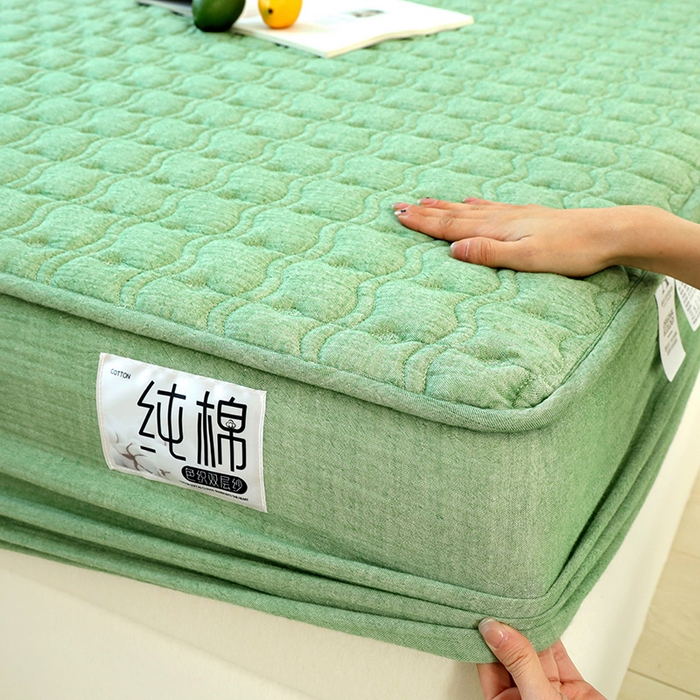 91家纺网 家纺一手货源 找家纺 豪选家纺 2025新款A类抗菌高支高密纯棉色织正宗双层纱夹棉床笠 薄荷绿