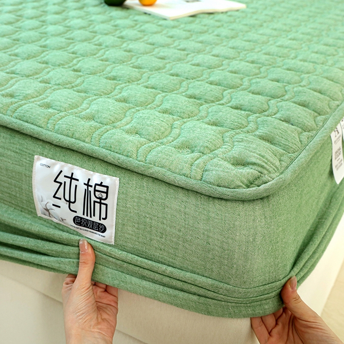 91家纺网 家纺一手货源 找家纺 豪选家纺 2025新款A类抗菌高支高密纯棉色织正宗双层纱夹棉床笠 薄荷绿