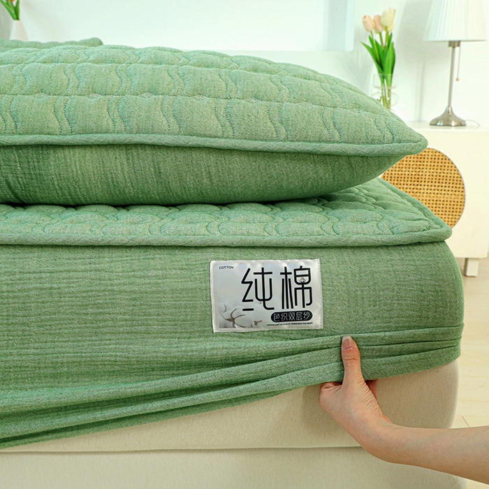 91家纺网 家纺一手货源 找家纺 豪选家纺 2025新款A类抗菌高支高密纯棉色织正宗双层纱夹棉床笠 薄荷绿