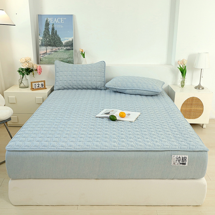 91家纺网 家纺一手货源 找家纺 豪选家纺 2025新款A类抗菌高支高密纯棉色织正宗双层纱夹棉床笠 海盐蓝