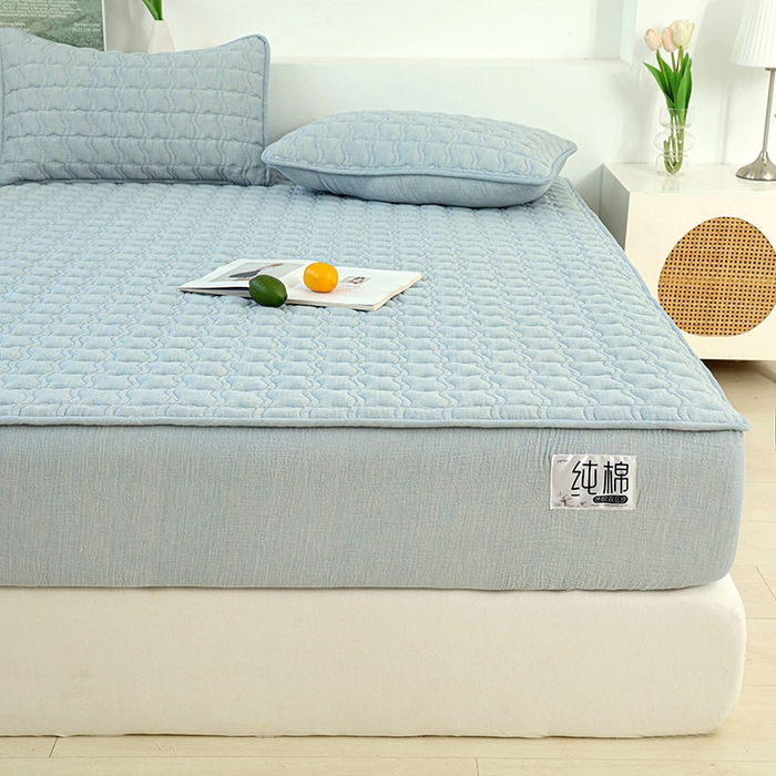 91家纺网 家纺一手货源 找家纺 豪选家纺 2025新款A类抗菌高支高密纯棉色织正宗双层纱夹棉床笠 海盐蓝