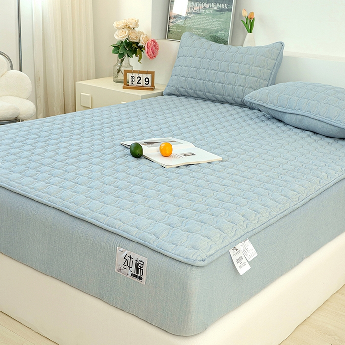 91家纺网 家纺一手货源 找家纺 豪选家纺 2025新款A类抗菌高支高密纯棉色织正宗双层纱夹棉床笠 海盐蓝