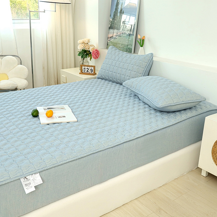 91家纺网 家纺一手货源 找家纺 豪选家纺 2025新款A类抗菌高支高密纯棉色织正宗双层纱夹棉床笠 海盐蓝