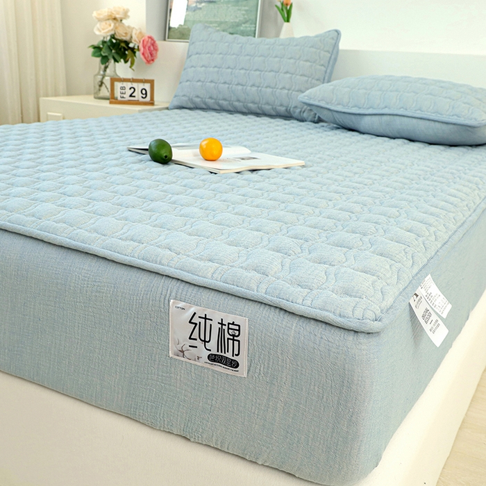 91家纺网 家纺一手货源 找家纺 豪选家纺 2025新款A类抗菌高支高密纯棉色织正宗双层纱夹棉床笠 海盐蓝