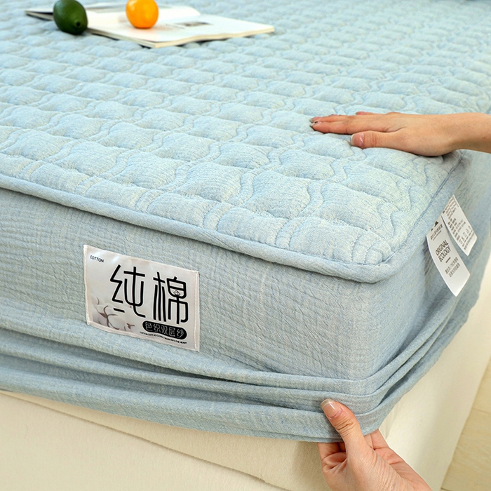 91家纺网 家纺一手货源 找家纺 豪选家纺 2025新款A类抗菌高支高密纯棉色织正宗双层纱夹棉床笠 海盐蓝