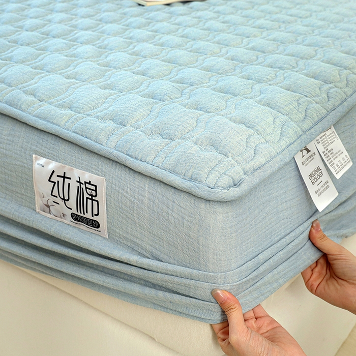 91家纺网 家纺一手货源 找家纺 豪选家纺 2025新款A类抗菌高支高密纯棉色织正宗双层纱夹棉床笠 海盐蓝