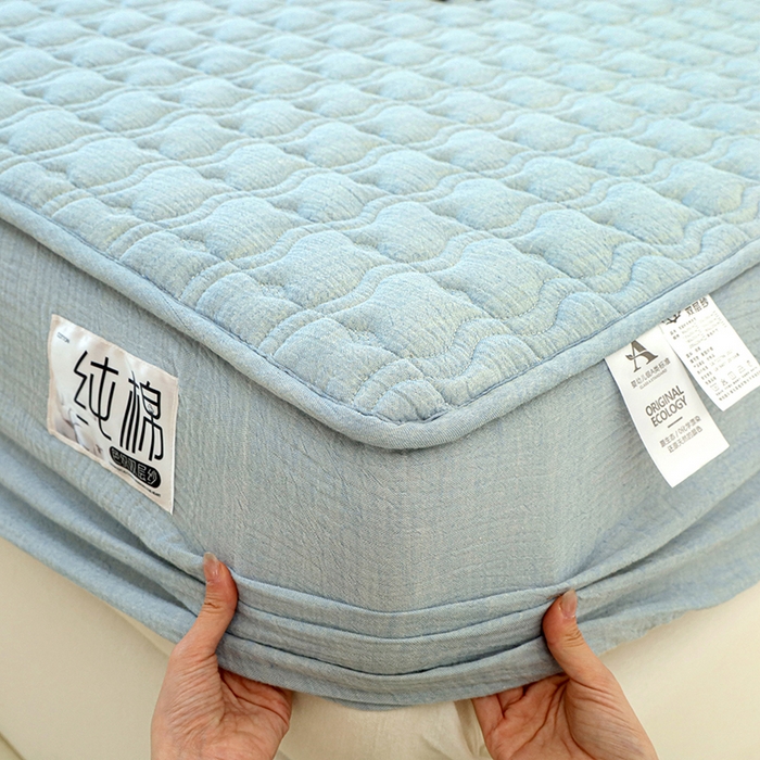 91家纺网 家纺一手货源 找家纺 豪选家纺 2025新款A类抗菌高支高密纯棉色织正宗双层纱夹棉床笠 海盐蓝