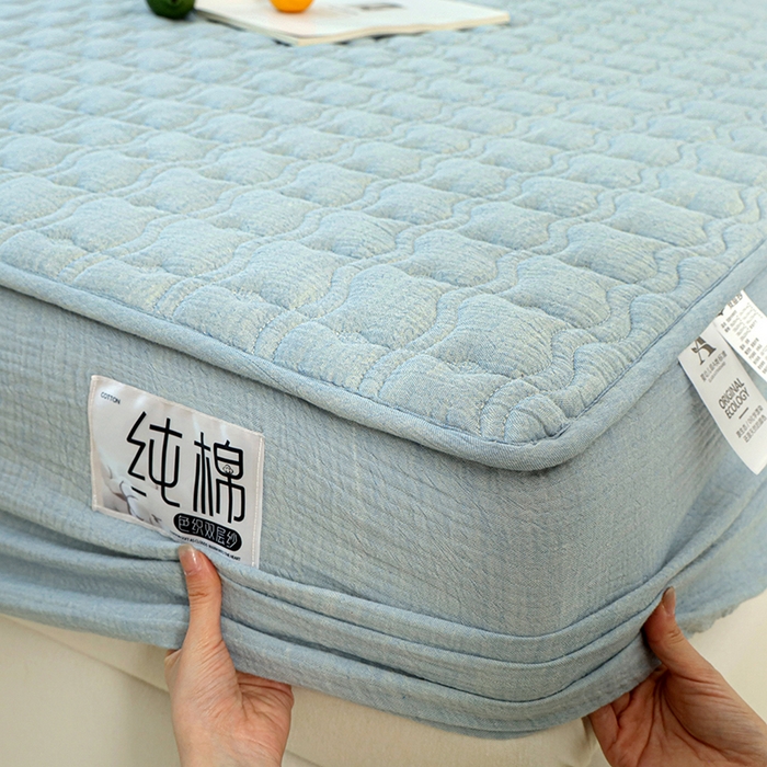 91家纺网 家纺一手货源 找家纺 豪选家纺 2025新款A类抗菌高支高密纯棉色织正宗双层纱夹棉床笠 海盐蓝