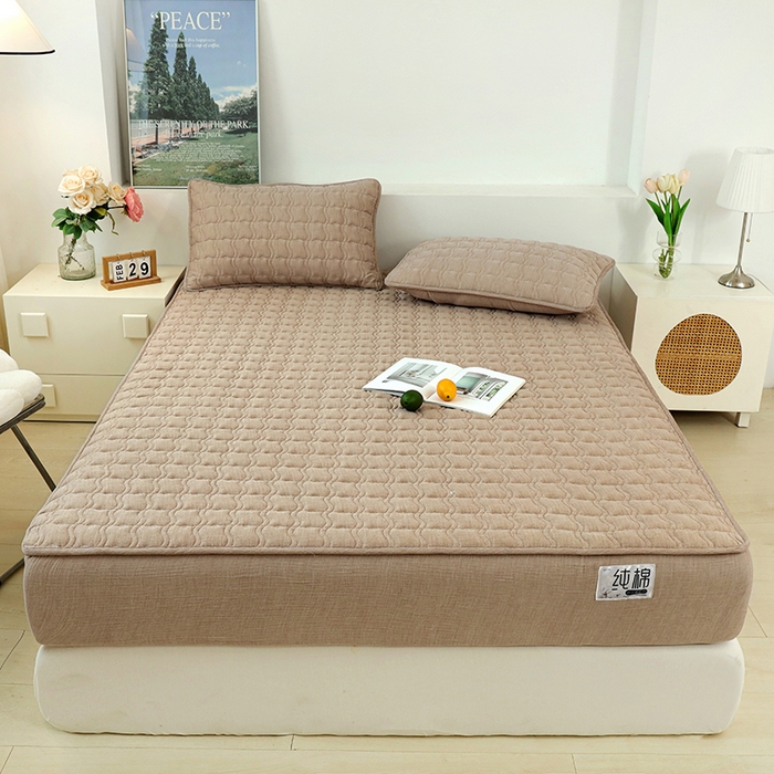 91家纺网 家纺一手货源 找家纺 豪选家纺 2025新款A类抗菌高支高密纯棉色织正宗双层纱夹棉床笠 慕斯咖