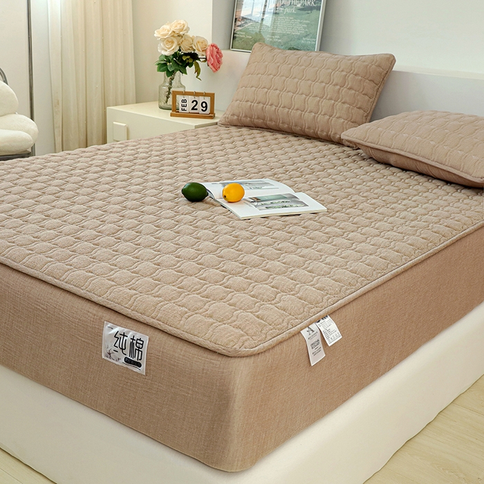 91家纺网 家纺一手货源 找家纺 豪选家纺 2025新款A类抗菌高支高密纯棉色织正宗双层纱夹棉床笠 慕斯咖