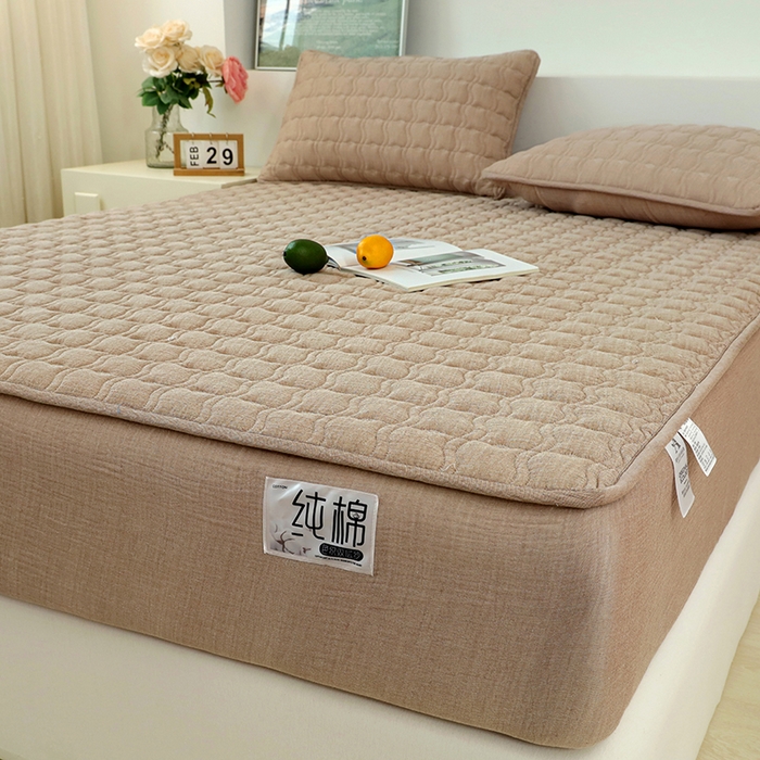 91家纺网 家纺一手货源 找家纺 豪选家纺 2025新款A类抗菌高支高密纯棉色织正宗双层纱夹棉床笠 慕斯咖