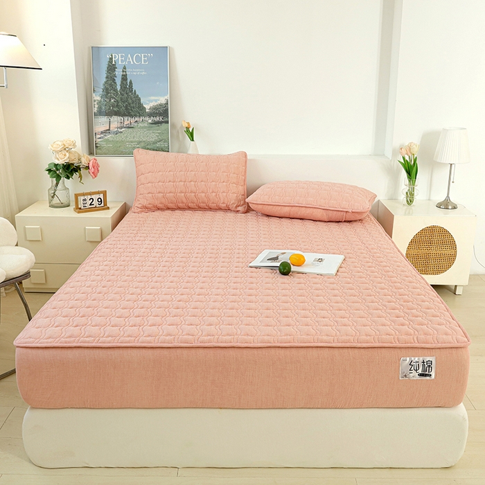 91家纺网 家纺一手货源 找家纺 豪选家纺 2025新款A类抗菌高支高密纯棉色织正宗双层纱夹棉床笠 蔷薇粉