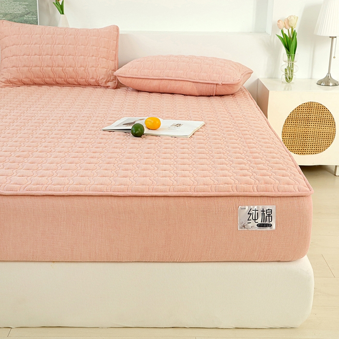 91家纺网 家纺一手货源 找家纺 豪选家纺 2025新款A类抗菌高支高密纯棉色织正宗双层纱夹棉床笠 蔷薇粉