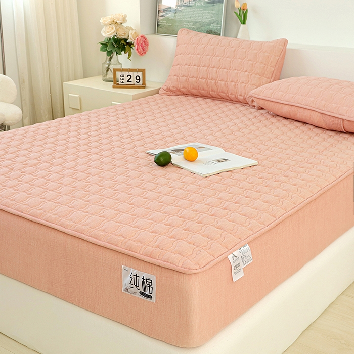 91家纺网 家纺一手货源 找家纺 豪选家纺 2025新款A类抗菌高支高密纯棉色织正宗双层纱夹棉床笠 蔷薇粉