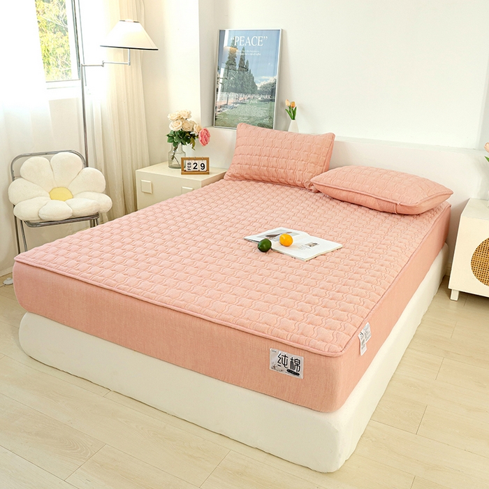 91家纺网 家纺一手货源 找家纺 豪选家纺 2025新款A类抗菌高支高密纯棉色织正宗双层纱夹棉床笠 蔷薇粉