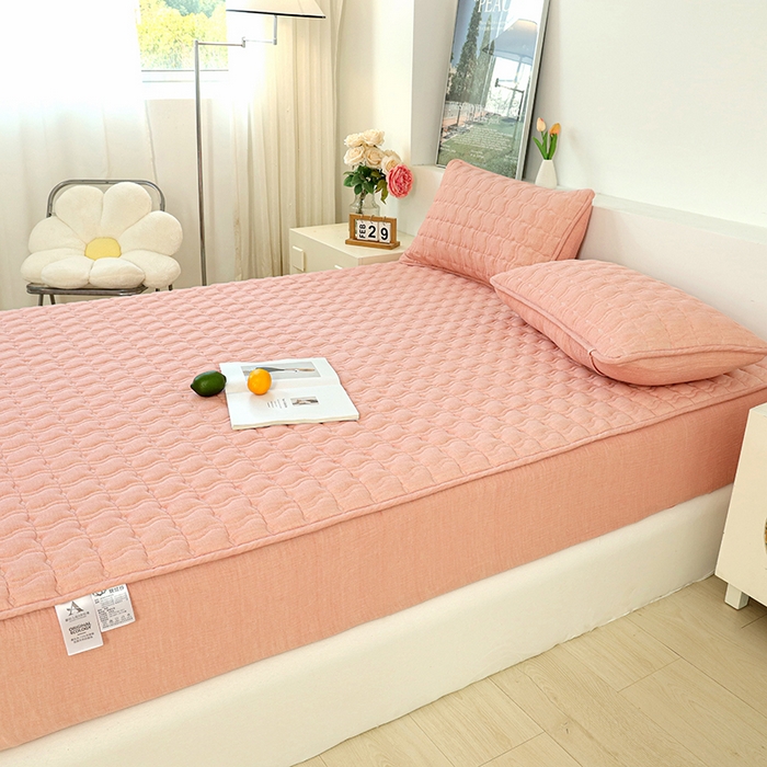 91家纺网 家纺一手货源 找家纺 豪选家纺 2025新款A类抗菌高支高密纯棉色织正宗双层纱夹棉床笠 蔷薇粉