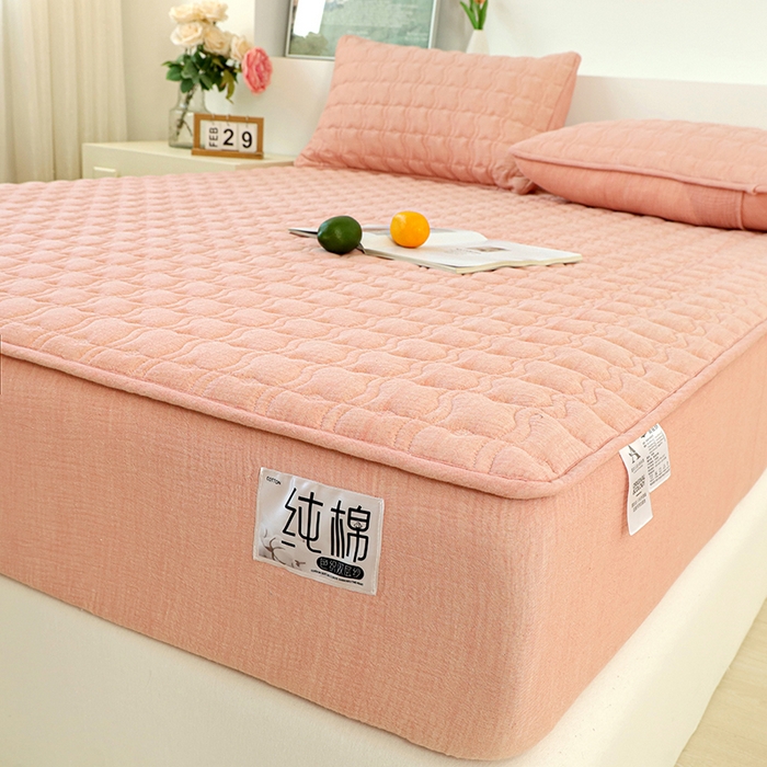 91家纺网 家纺一手货源 找家纺 豪选家纺 2025新款A类抗菌高支高密纯棉色织正宗双层纱夹棉床笠 蔷薇粉