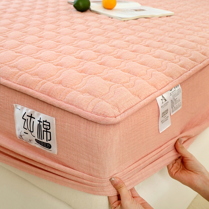 91家纺网 家纺一手货源 找家纺 豪选家纺 2025新款A类抗菌高支高密纯棉色织正宗双层纱夹棉床笠 蔷薇粉