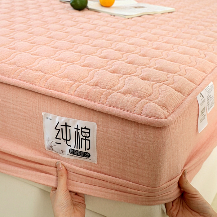 91家纺网 家纺一手货源 找家纺 豪选家纺 2025新款A类抗菌高支高密纯棉色织正宗双层纱夹棉床笠 蔷薇粉